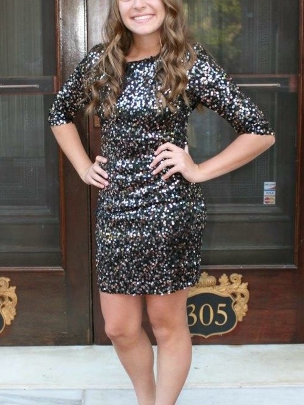 Crystal Doll Black Sequin Mini Dress with Gold and Silver Accents